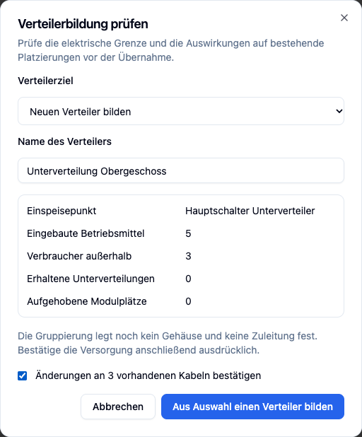 Vorschau zur Bildung der Unterverteilung Obergeschoss.
