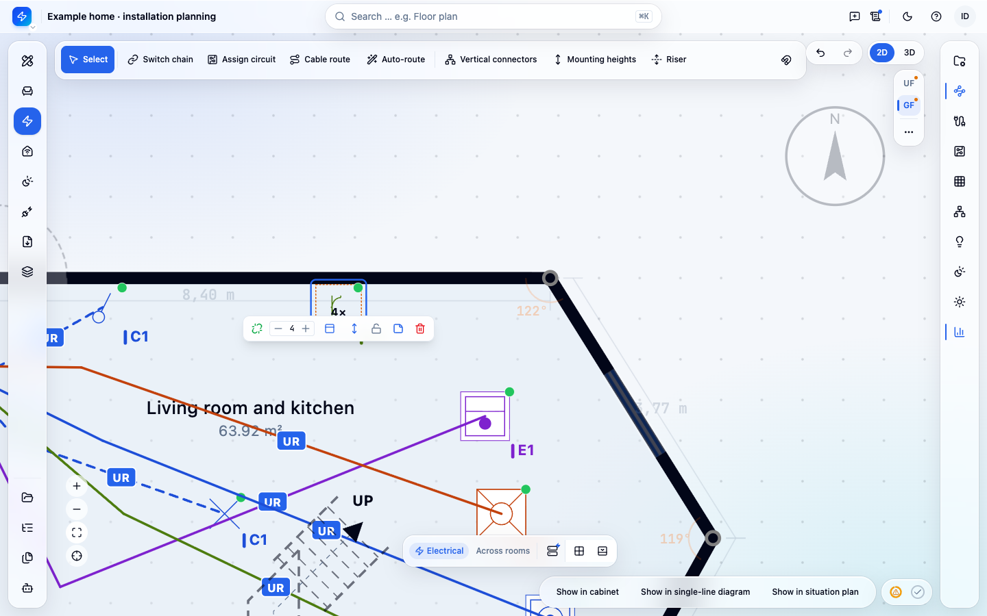 Situation plan of the fictional example house with spatial device references such as C1 and D1.
