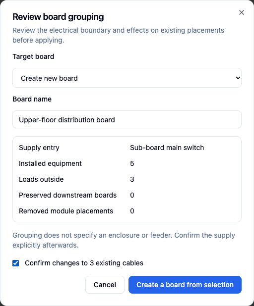 Upper-floor distribution board preview showing entry point, modules and effects.