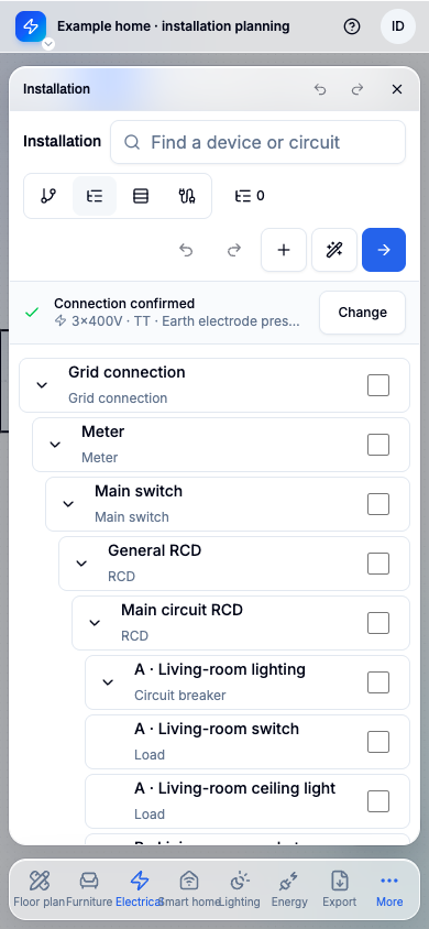 Mobile tree view with the same devices and accessible planning actions.
