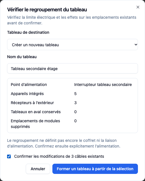 Prévisualisation du tableau secondaire étage, de ses modules et des conséquences.