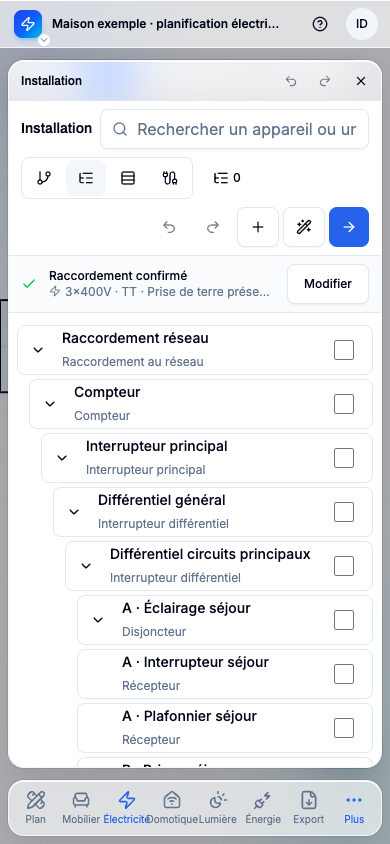 Arborescence mobile avec les mêmes appareils et les actions accessibles.