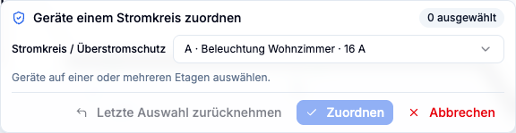 Panel zur Stromkreiszuordnung mit ausgewähltem Zielstromkreis.