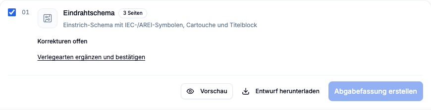 Exportansicht mit einer einzelnen Eindrahtschema-Dokumentkarte, Vorschau, Entwurf und gesperrter Abgabefassung.