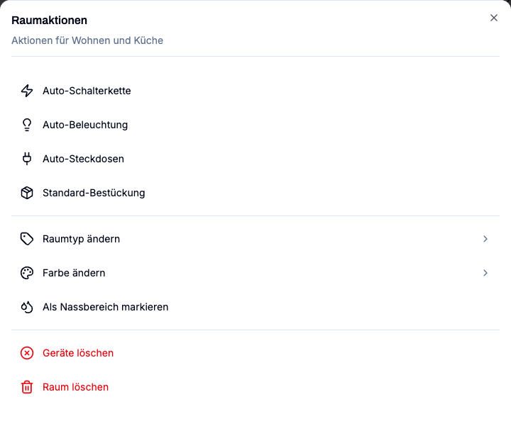Aktionsblatt eines Raums mit Vorschlägen für die automatische Planung.