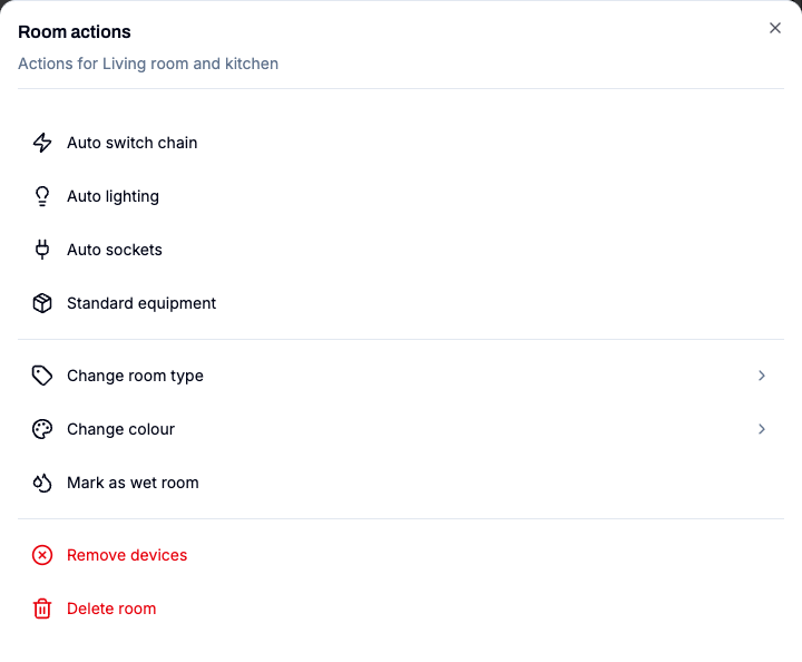 Room actions sheet with suggestions for automatic planning.
