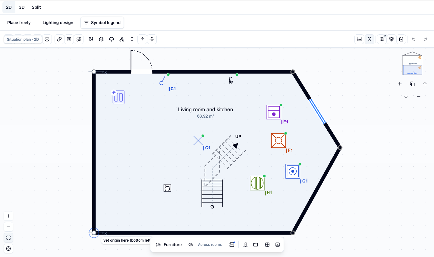 Situation plan with the example floor plan and placed electrical devices.