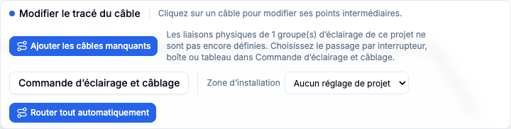 Panneau des chemins de câbles avec le tracé automatique et les points de passage manuels.