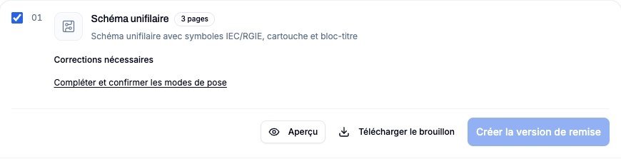Vue Export avec une carte de document du schéma unifilaire, aperçu, brouillon et état de remise finale verrouillé.