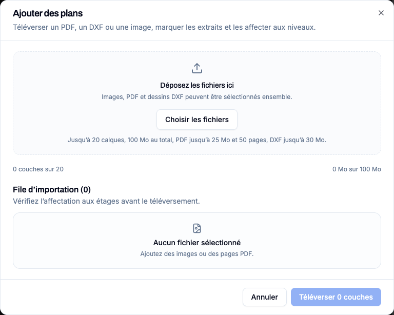 Dialogue d’ajout de plans avec sélection de fichiers et file d’importation.