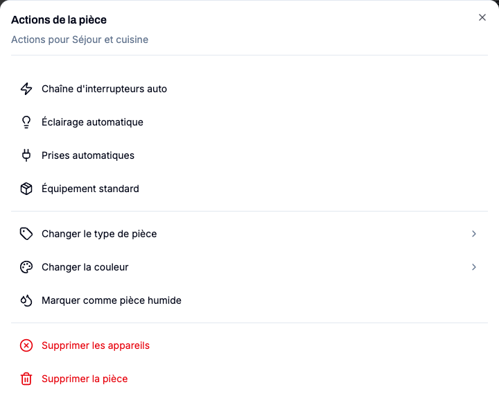 Panneau d’actions de la pièce avec des propositions de planification automatique.
