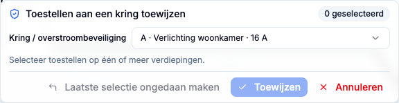 Paneel voor stroomkringtoewijzing met een geselecteerde doelstroomkring.