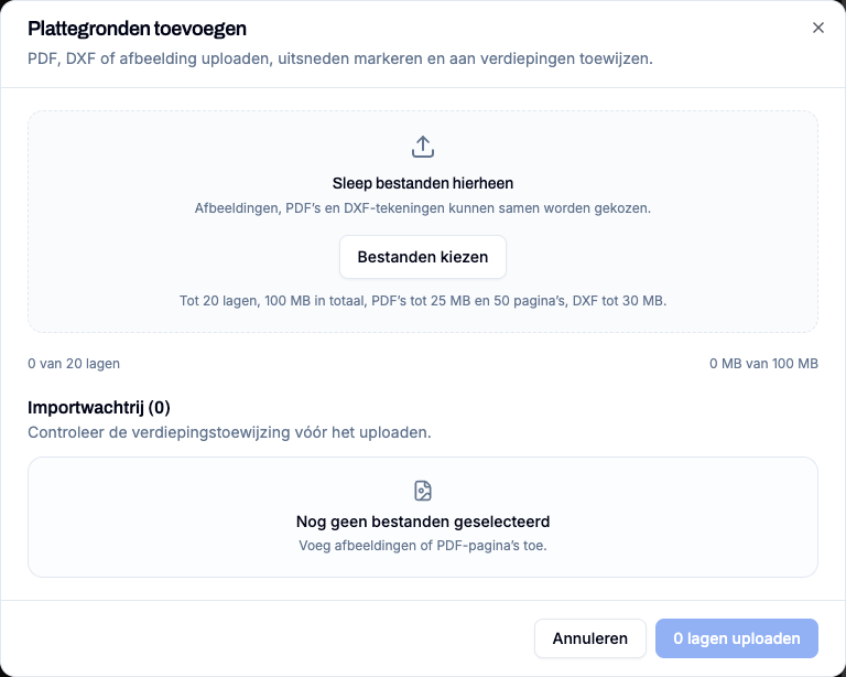 Dialoog om grondplannen toe te voegen met bestandskeuze en importwachtrij.