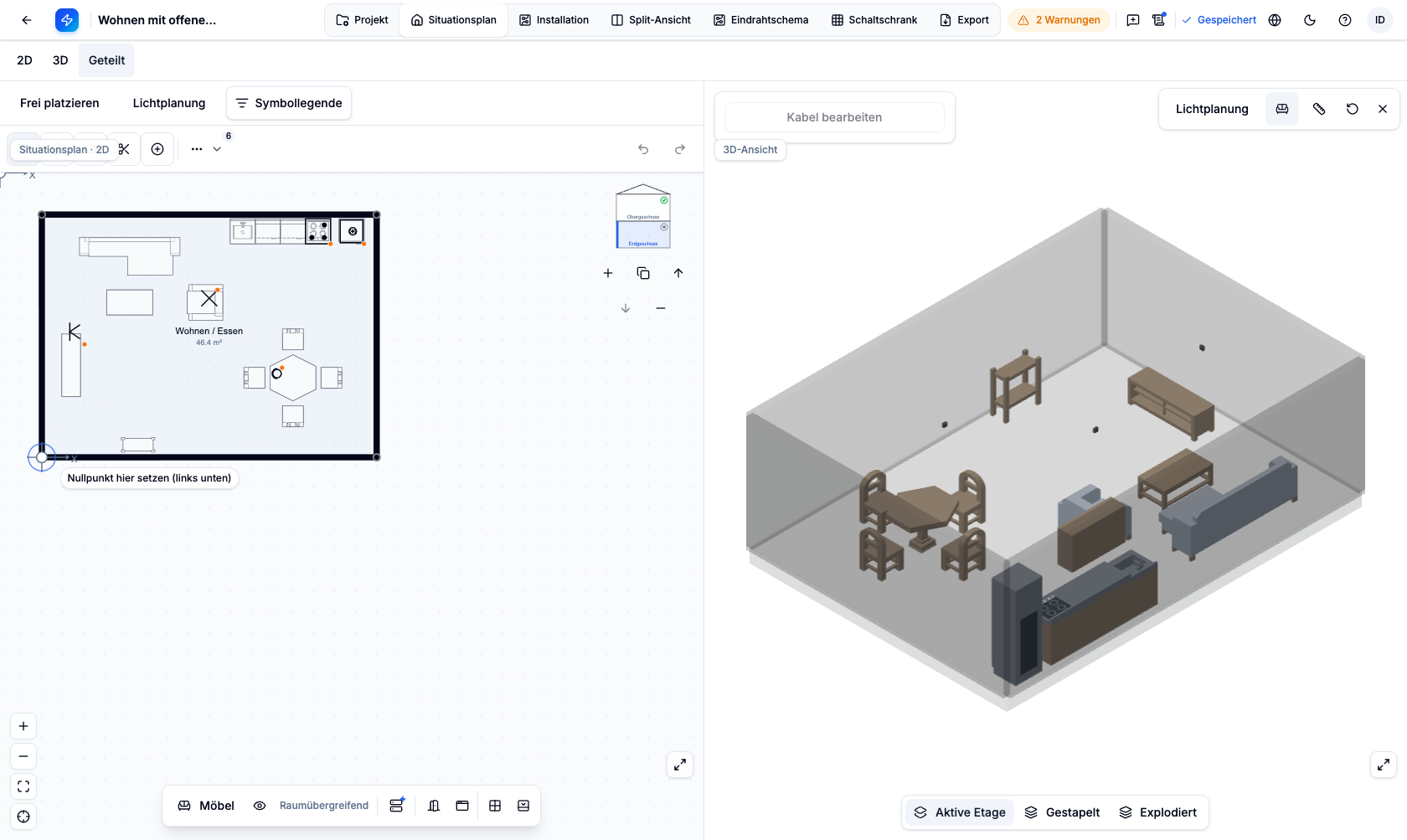 Derselbe möblierte Raum links als 2D-Grundriss und rechts als 3D-Ansicht
