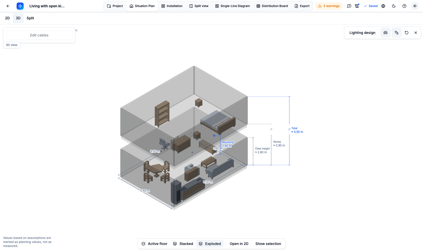 3D view with room dimensions and a height labelled as an assumption