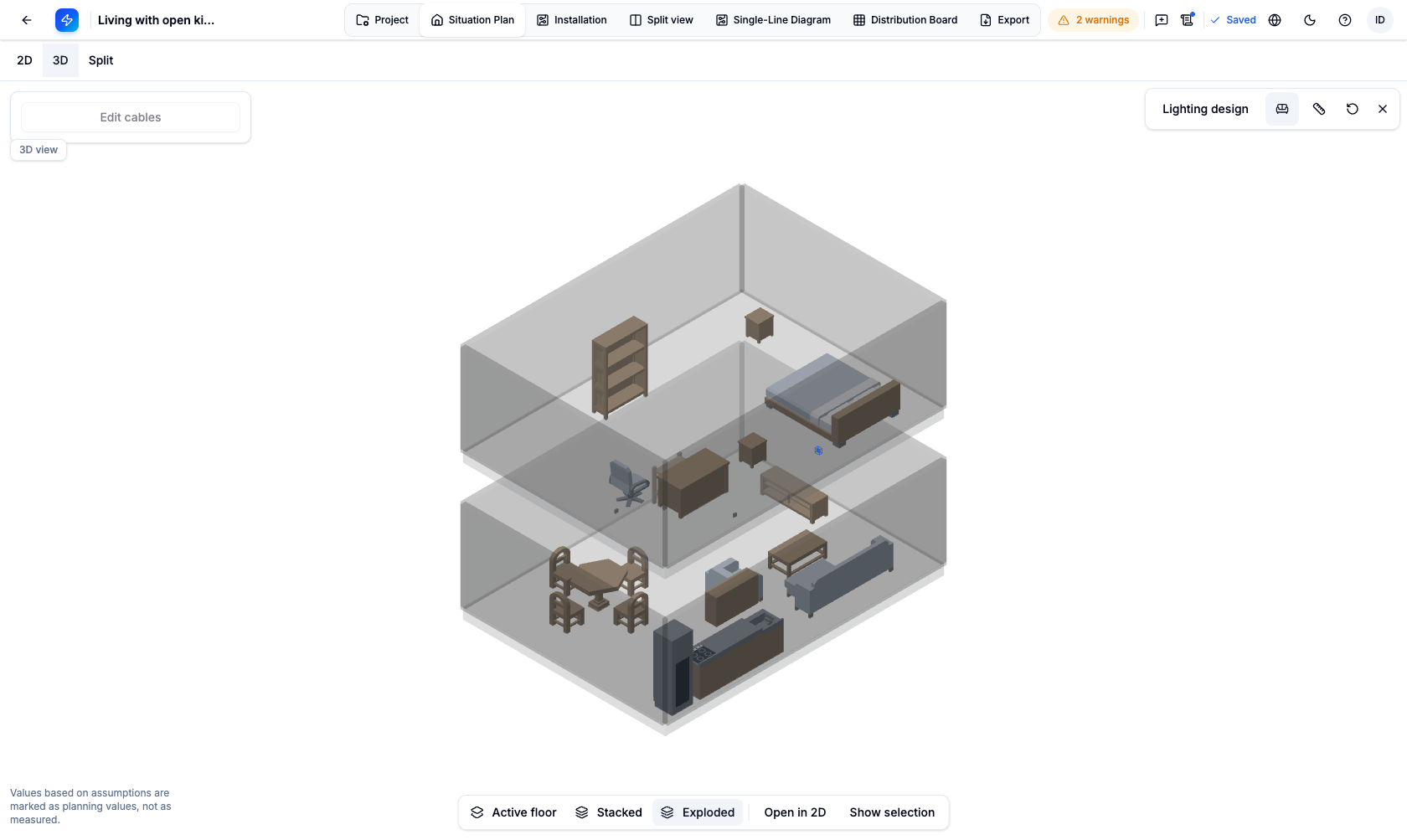 Two furnished storeys in the exploded 3D view