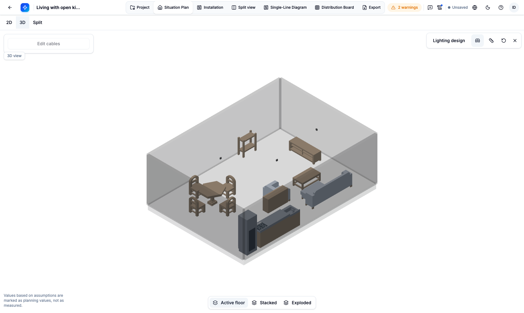 Furnished living and dining room with an open kitchen in the PlanElec 3D viewer