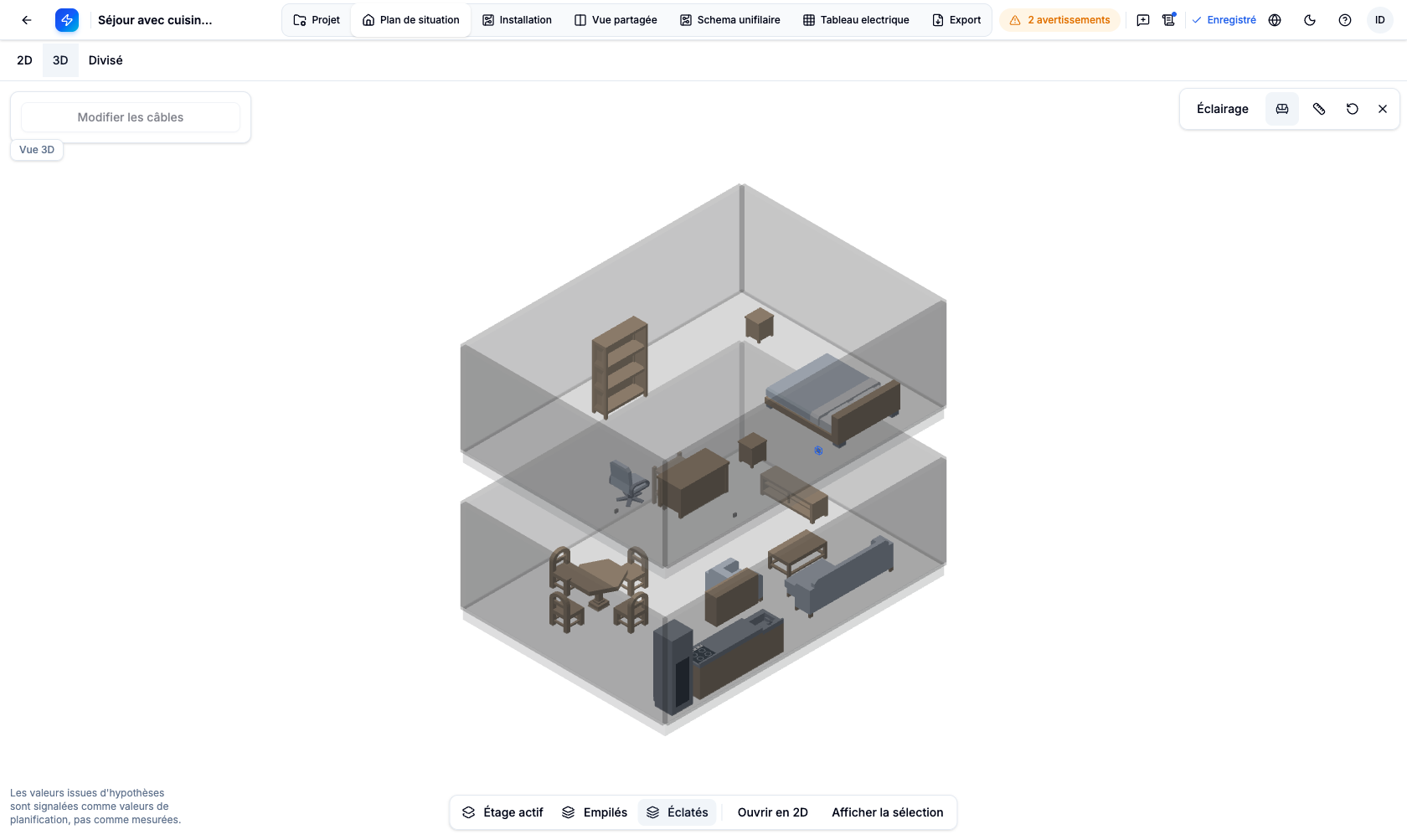 Deux étages meublés dans la vue 3D éclatée