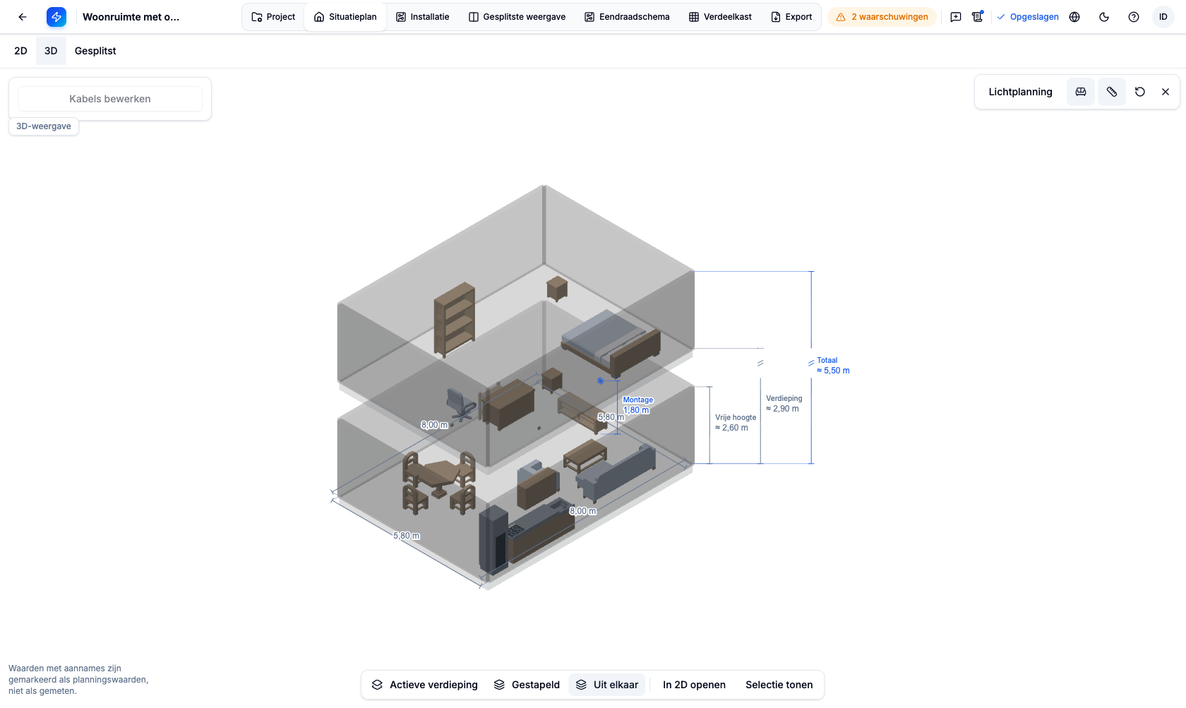3D-weergave met ruimteafmetingen en een hoogte die als aanname is aangeduid