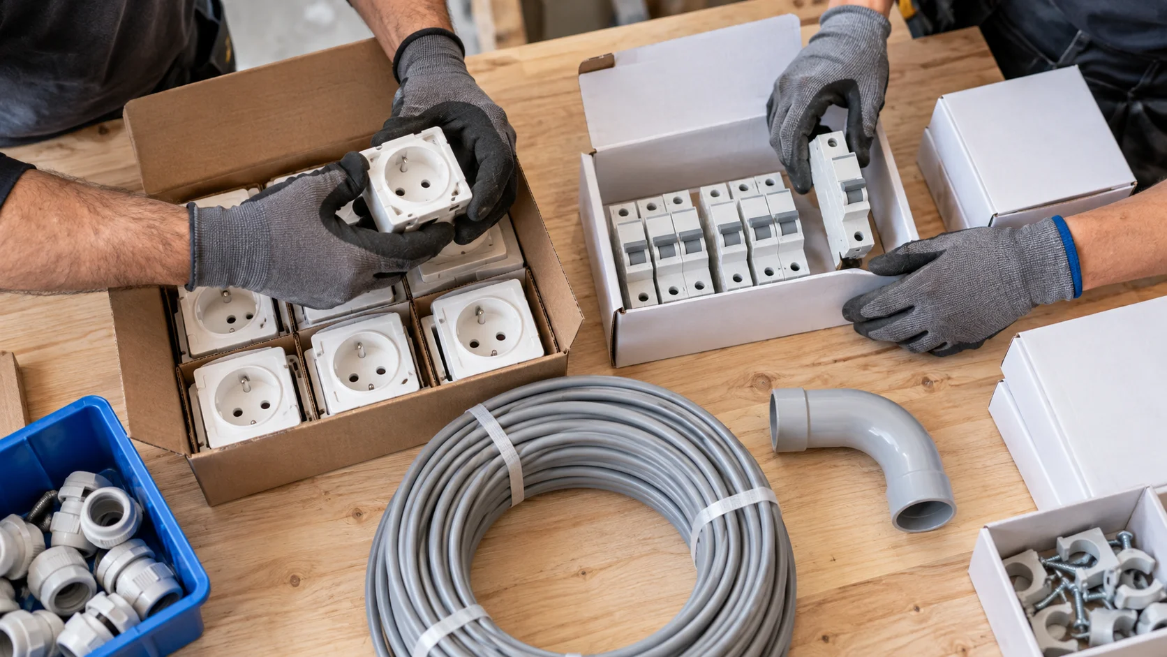 Elektrofachkräfte sortieren Installationsmaterial am Arbeitstisch.