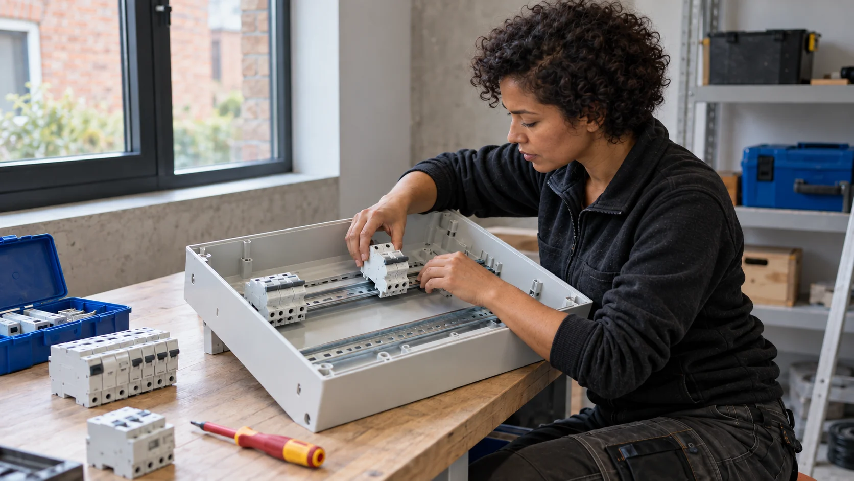 Elektriciens bereiden de planning van een verdeelkast voor.