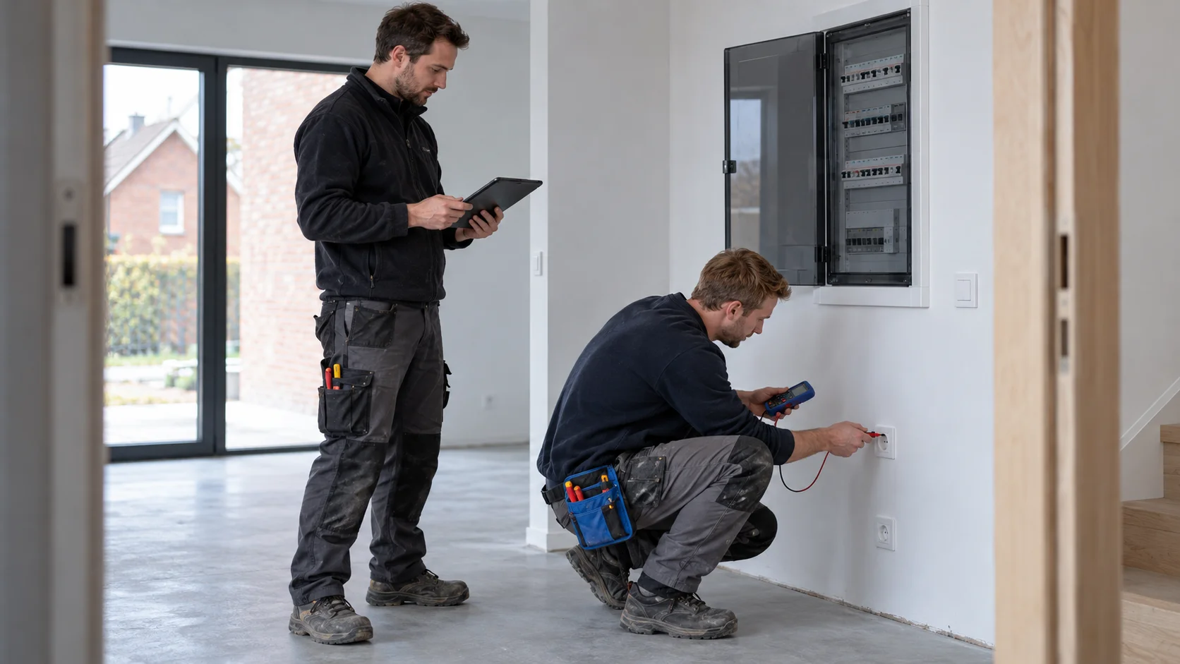 Des électriciens vérifient l’installation d’une maison neuve.