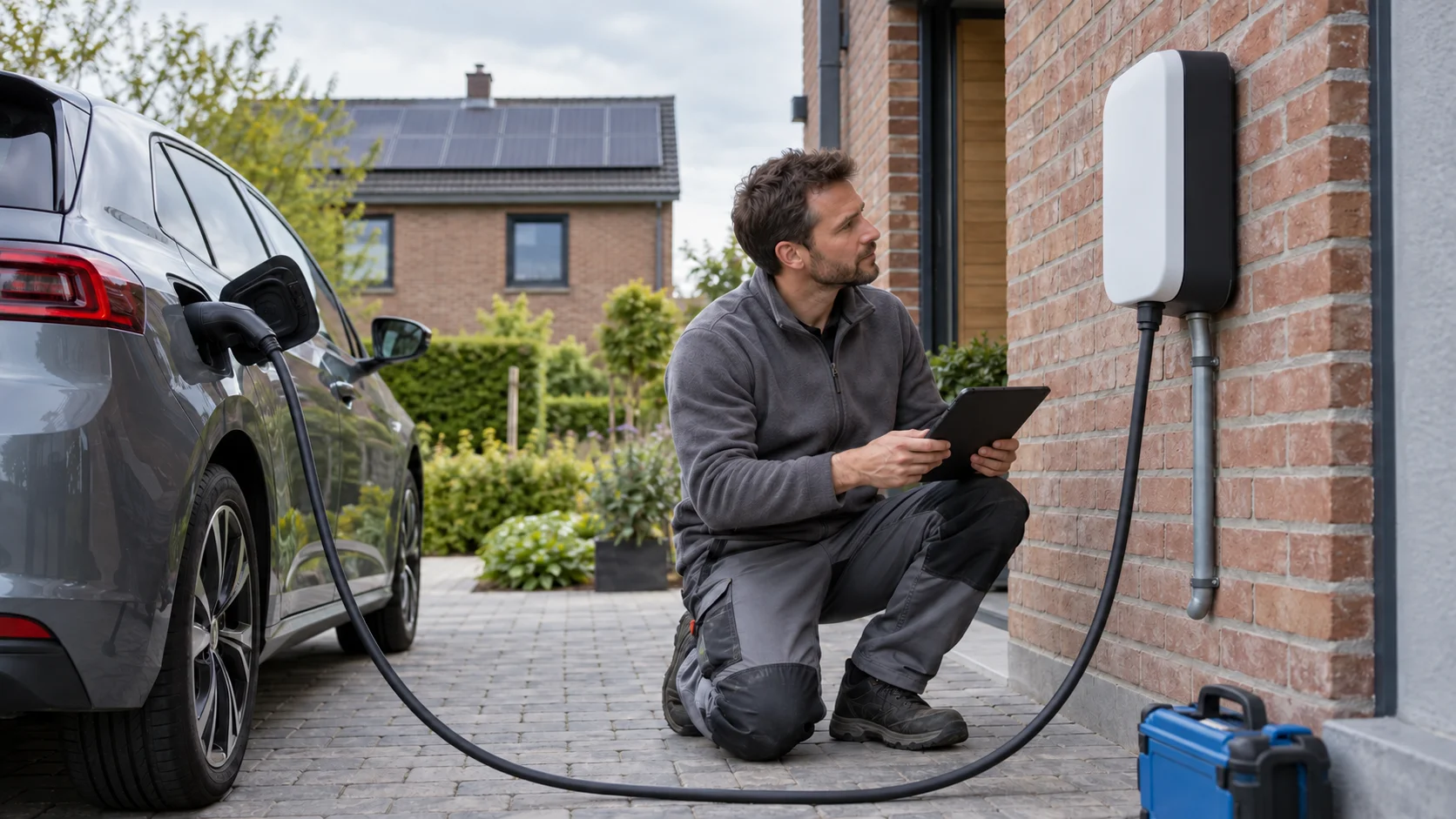 Ein Elektriker prüft eine Wallbox neben einem Elektroauto; im Hintergrund liegen PV-Module auf dem Dach.