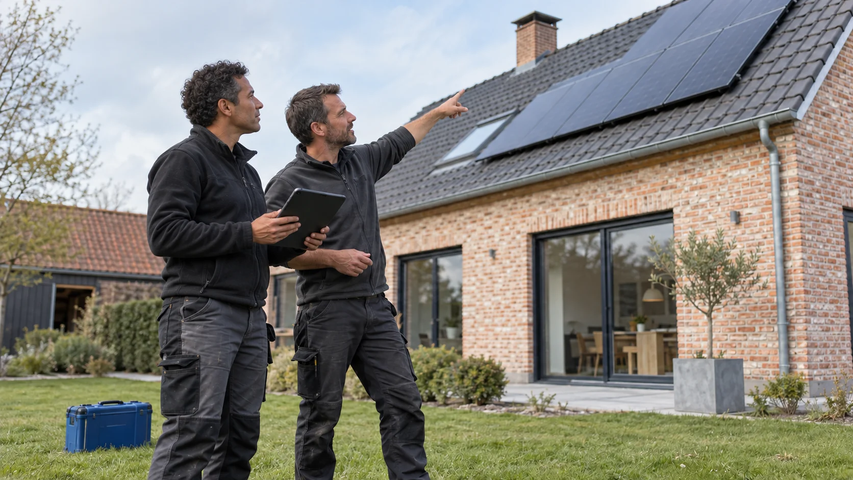 Solar installers review the location of rooftop panels.