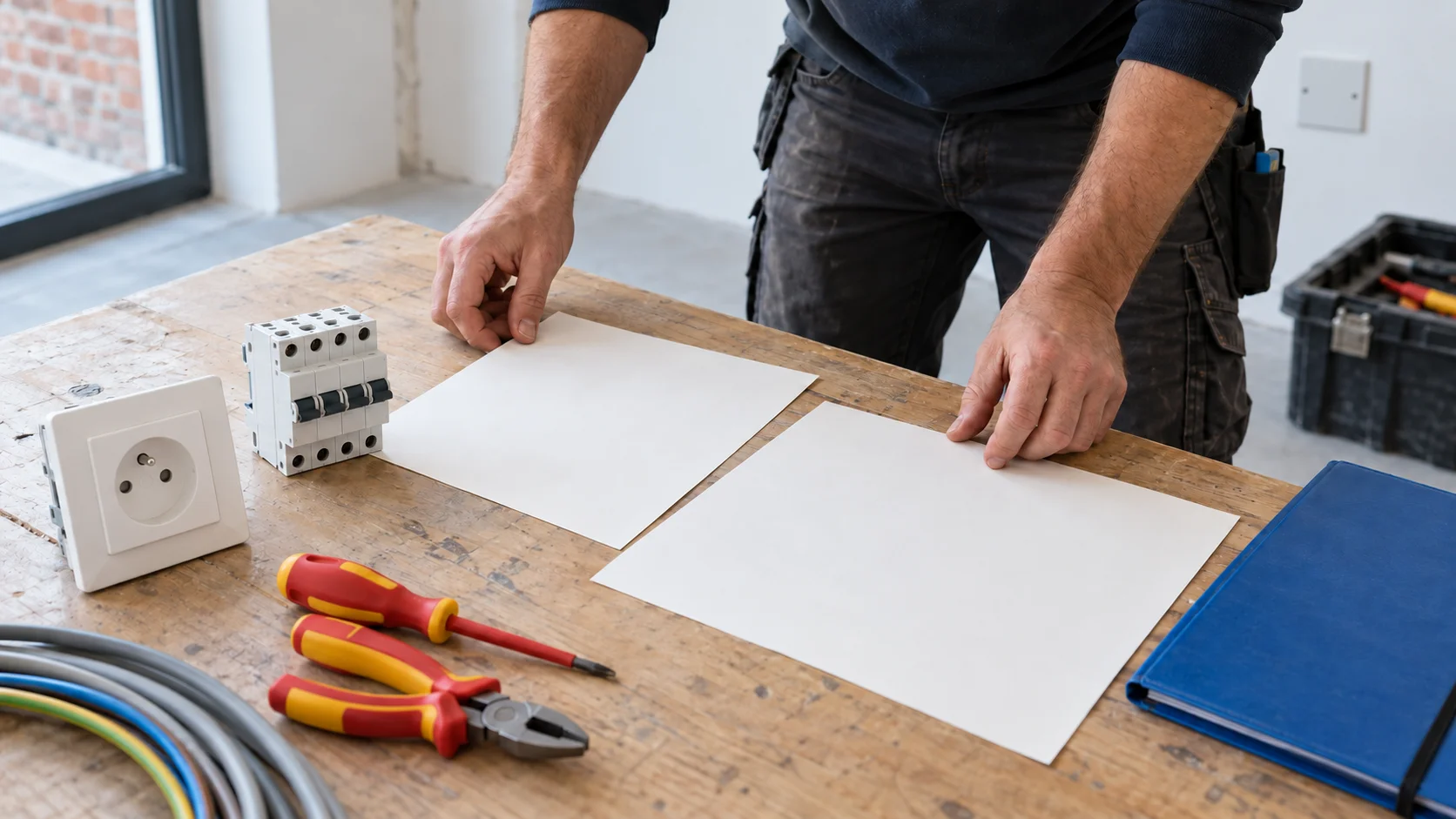 Projectdocumenten en digitale toestellen op een werktafel.