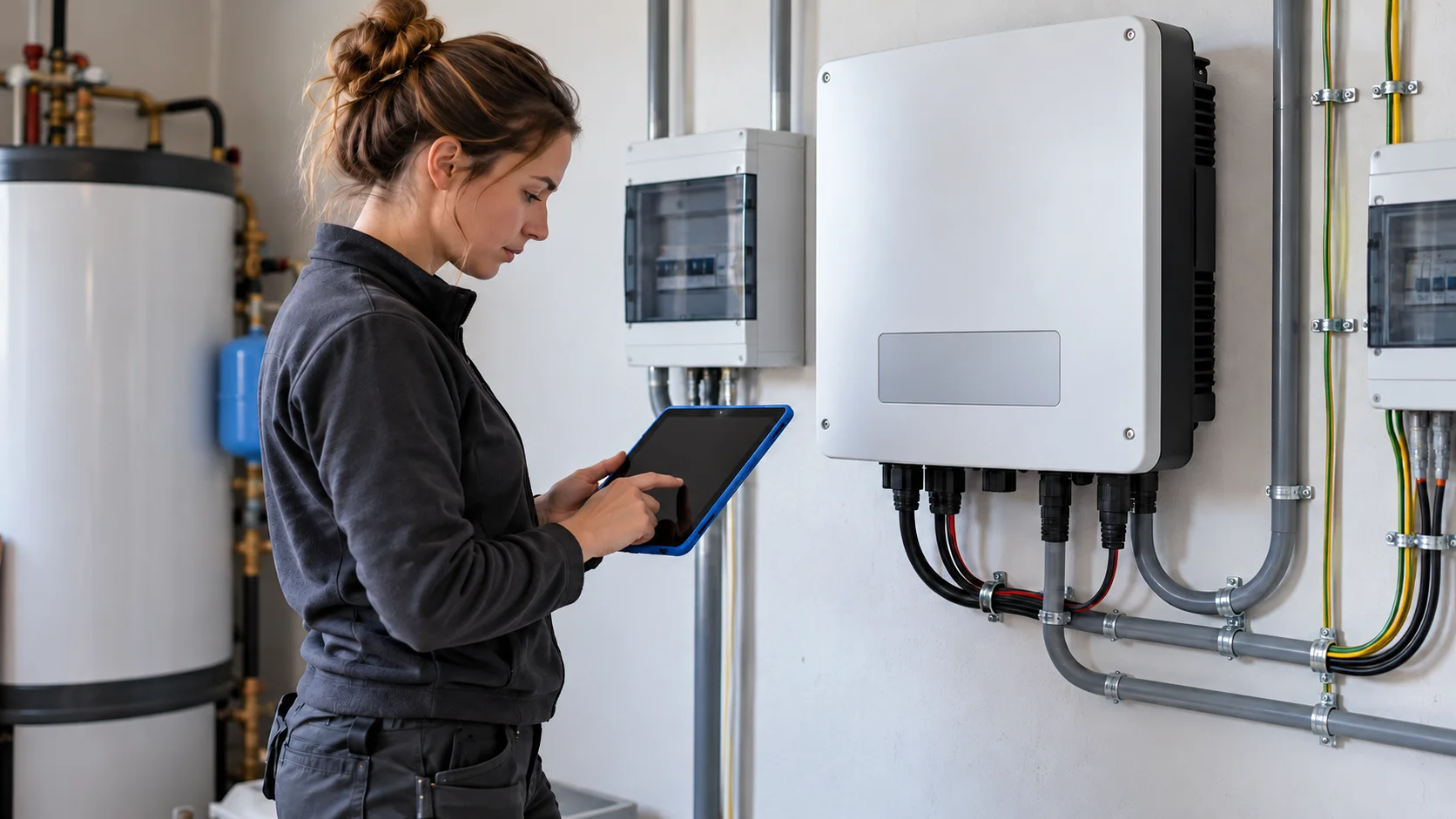 Een zonnepaneelinstallateur bekijkt documenten naast een omvormer.