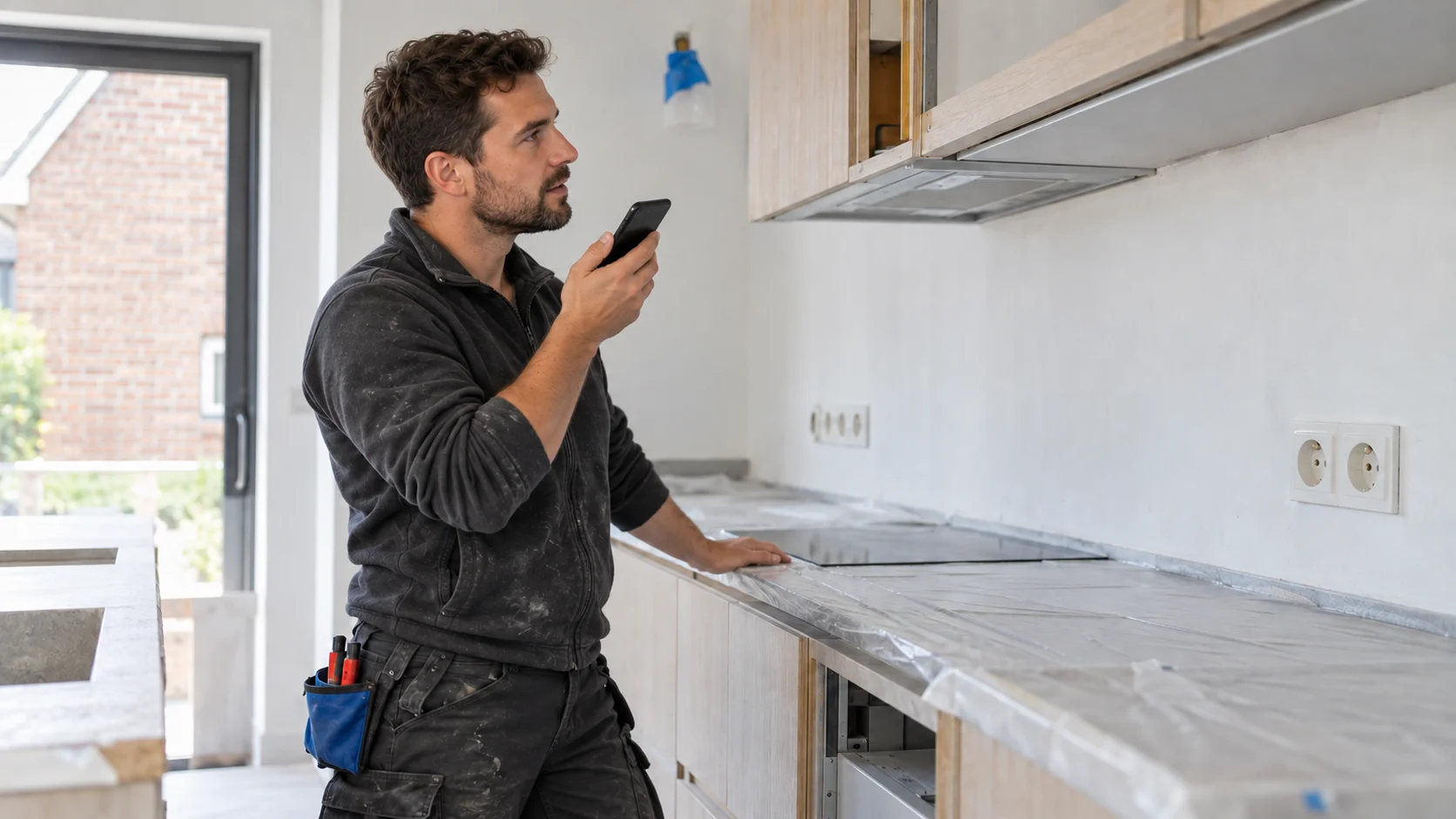 Een elektricien dicteert een planningsnotitie in een smartphone.