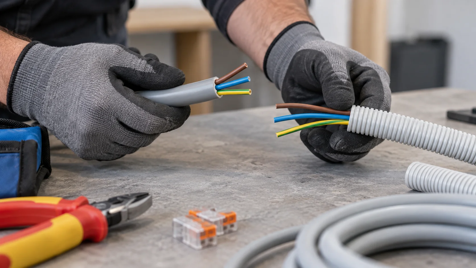 Een elektricien vergelijkt kabelmateriaal op de werkbank.